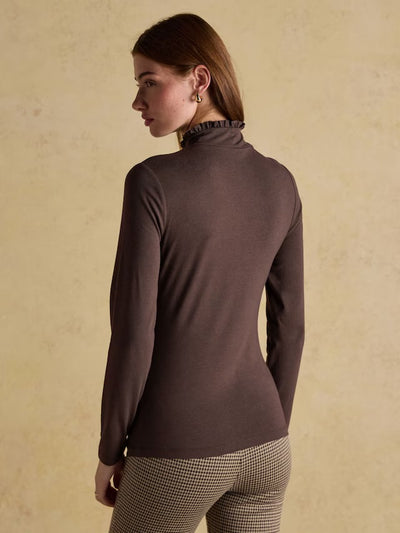 Joules Women’s Amy Hot Fudge Chocolate Brown Long Sleeve High Frill Neck Jersey Top