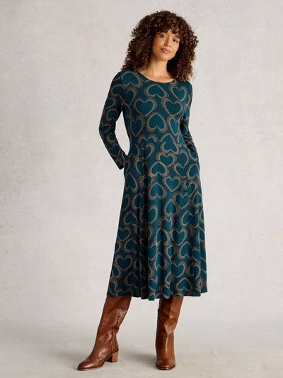 White Stuff Women’s Madeline Jersery Crew Neck Dress in Teal Multi