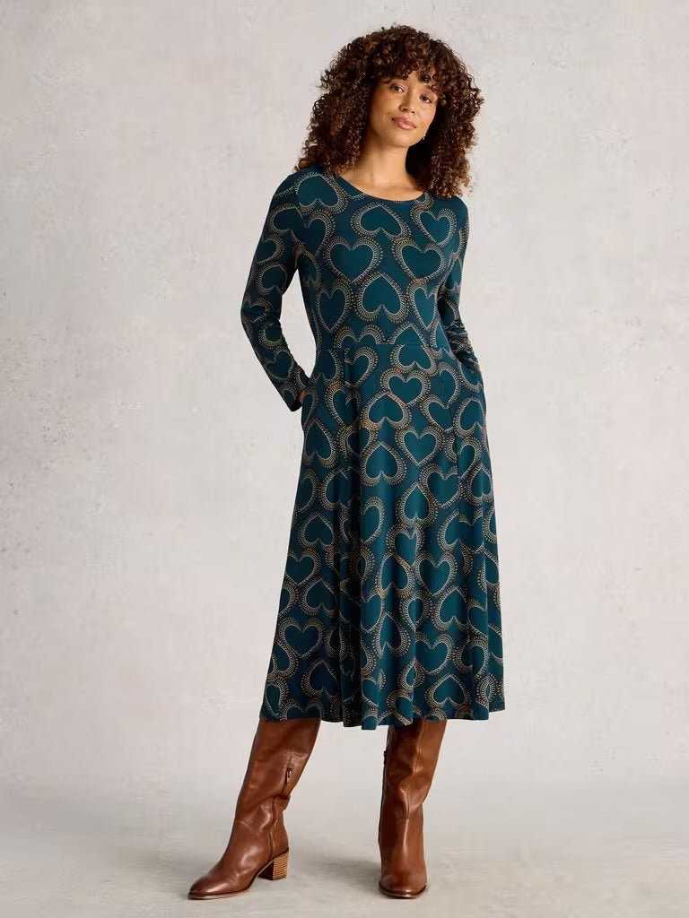 White Stuff Women’s Madeline Jersery Crew Neck Dress in Teal Multi