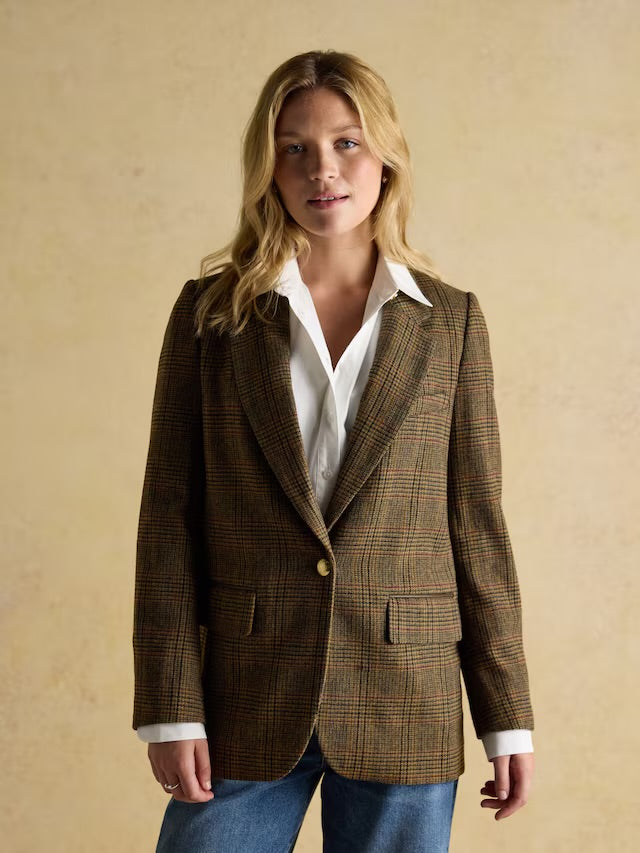 Joules Women’s Hackmore Brown Check Relaxed Fit Tweed Blazer With Wool