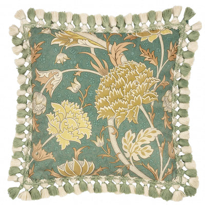 Morris & Co Cray Tasselled Velvet Cushion Sage/Sunflower