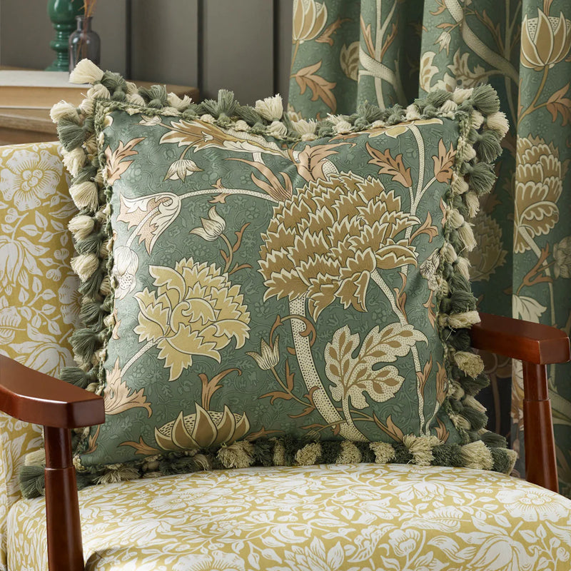 Morris & Co Cray Tasselled Velvet Cushion Sage/Sunflower