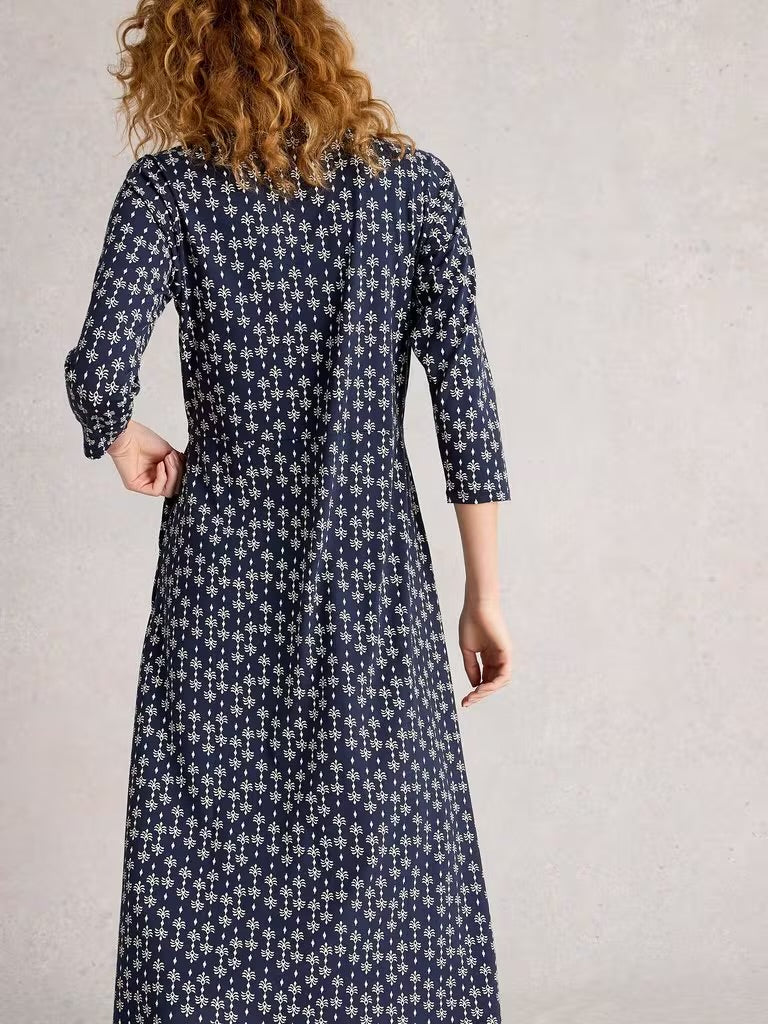 White Stuff Women’s Rua Jersery Collared Shirt Dress in Navy Print