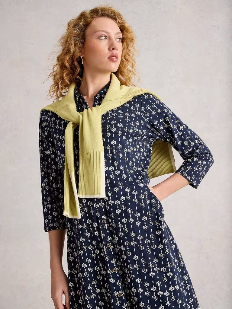 White Stuff Women’s Rua Jersery Collared Shirt Dress in Navy Print