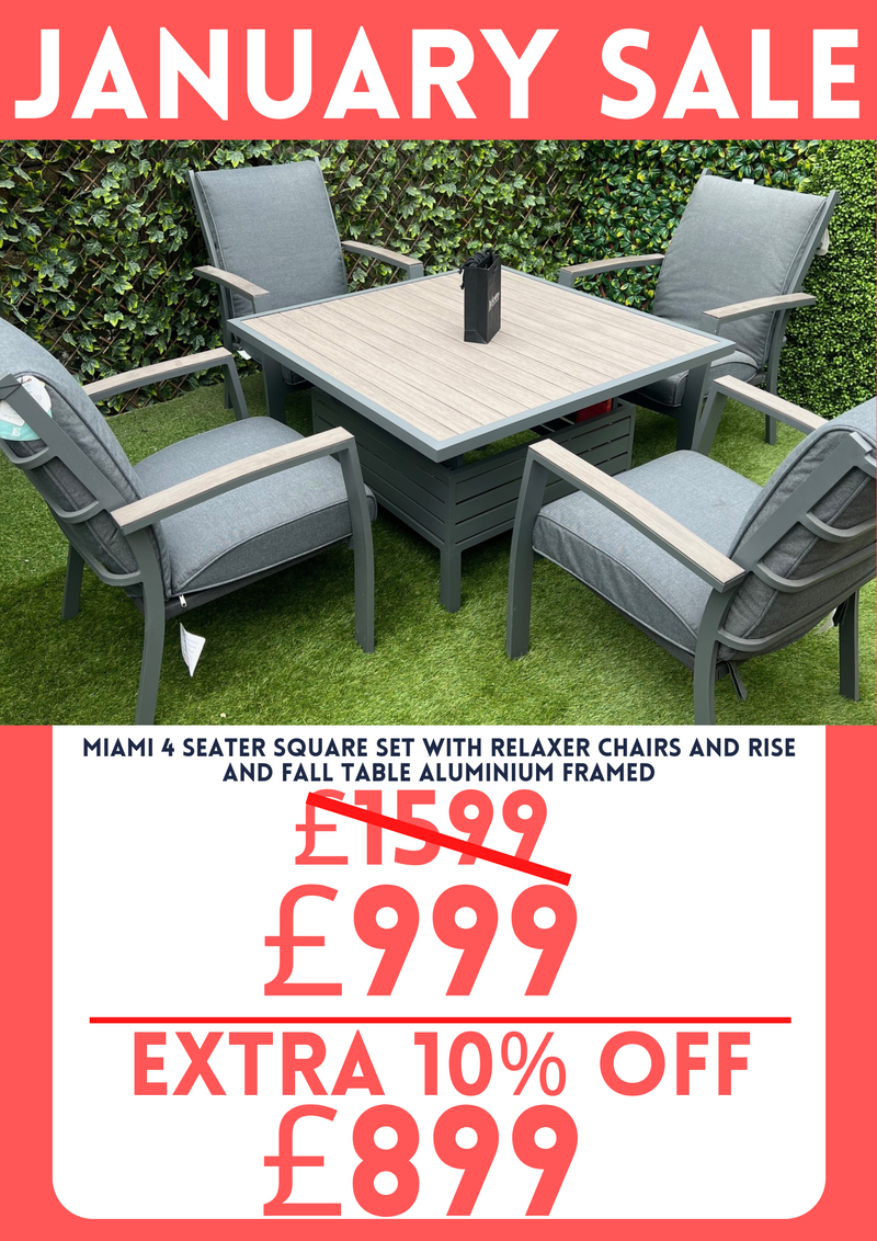 Miami 4 Seater Square Set With Relaxer Chairs And Rise and Fall Table Aluminium Framed