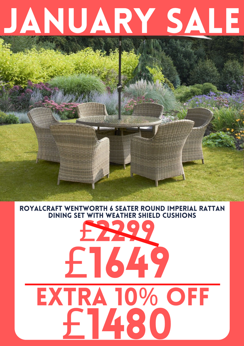 Royalcraft Wentworth 6 Seater Round Imperial Rattan Dining Set with Weather Shield Cushions