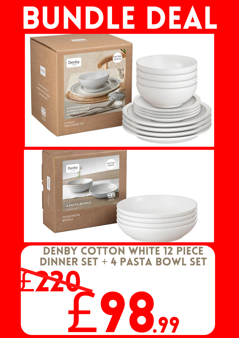 Bundle Deal Denby Cotton White 12 Piece Tableware Set & 4 Piece Pasta Bowl Set