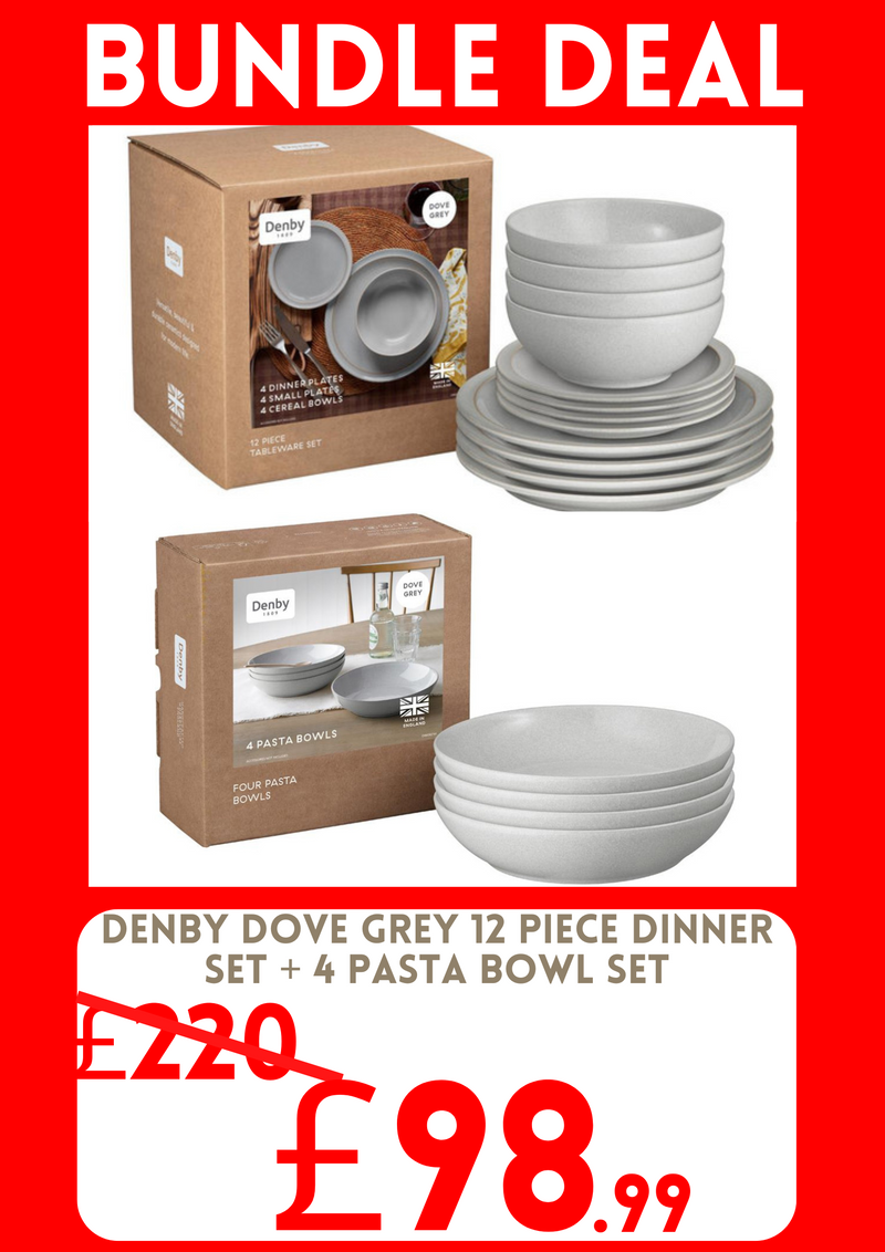 Bundle Deal Denby Dove Grey 12 Piece Tableware Set & 4 Piece Pasta Bowl Set