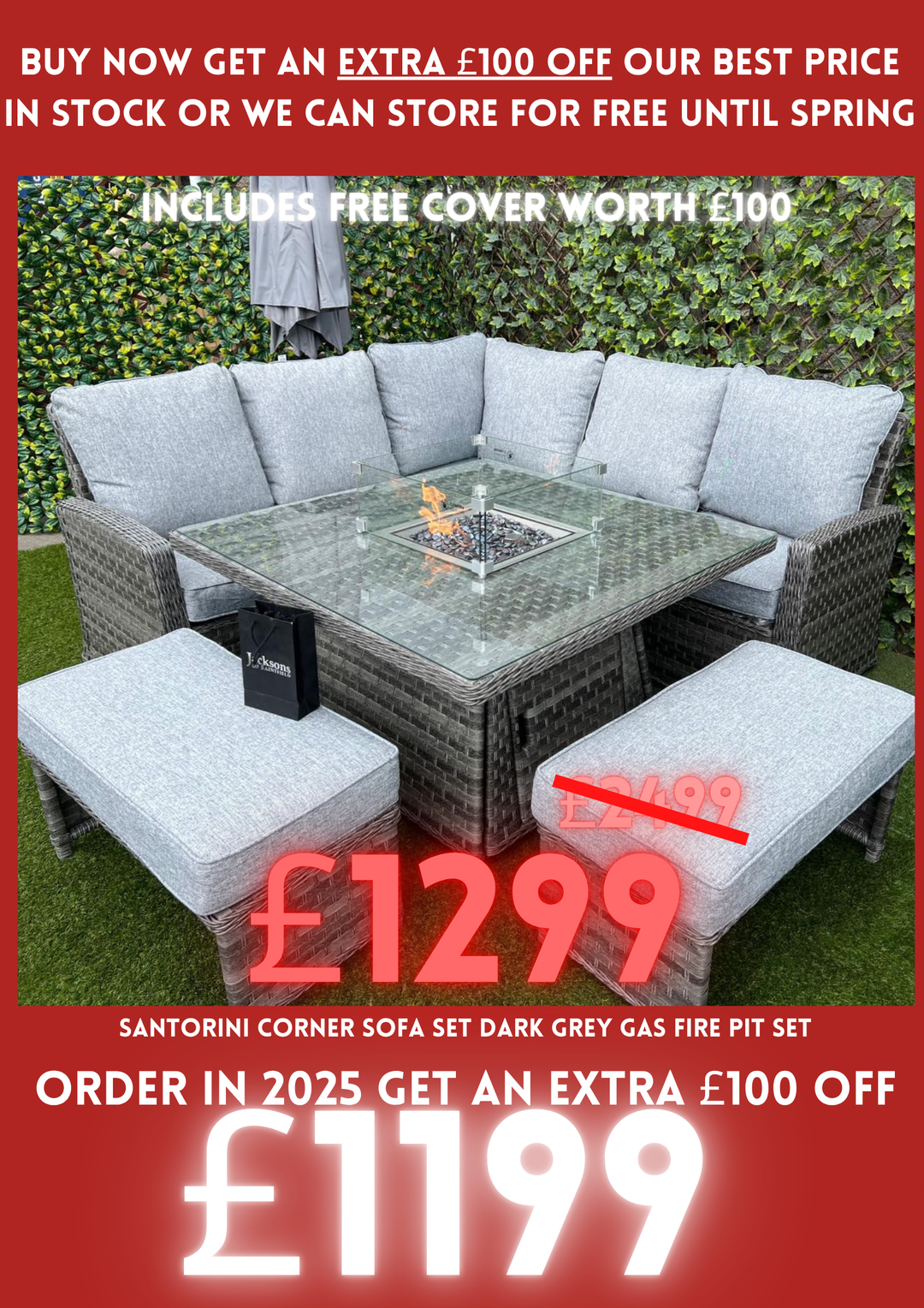 Santorini Corner Sofa Set Dark Grey Gas Fire Pit Set INCLUDES