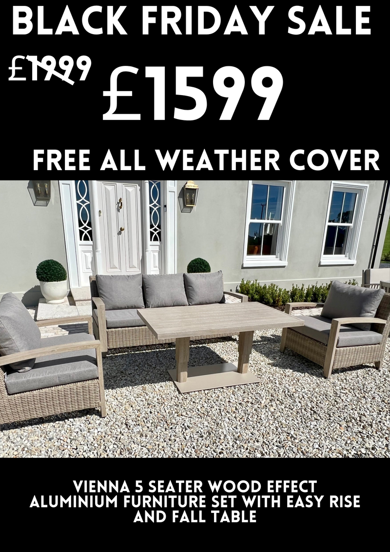 Vienna 5 Seater Wood Effect Aluminium Furniture Set With Easy Rise and Fall Table - pre order now for January 2025 delivery