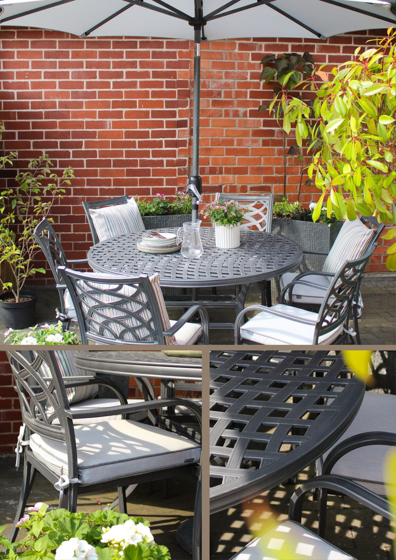 Hartman Tuscany 6 Seater Cast Aluminium Dining Garden Furniture Set With 2.5m Parasol & Base