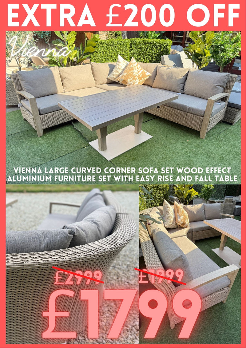 Vienna Large Curved Corner Sofa Set Wood Effect Aluminium Furniture Set With Easy Rise and Fall Table