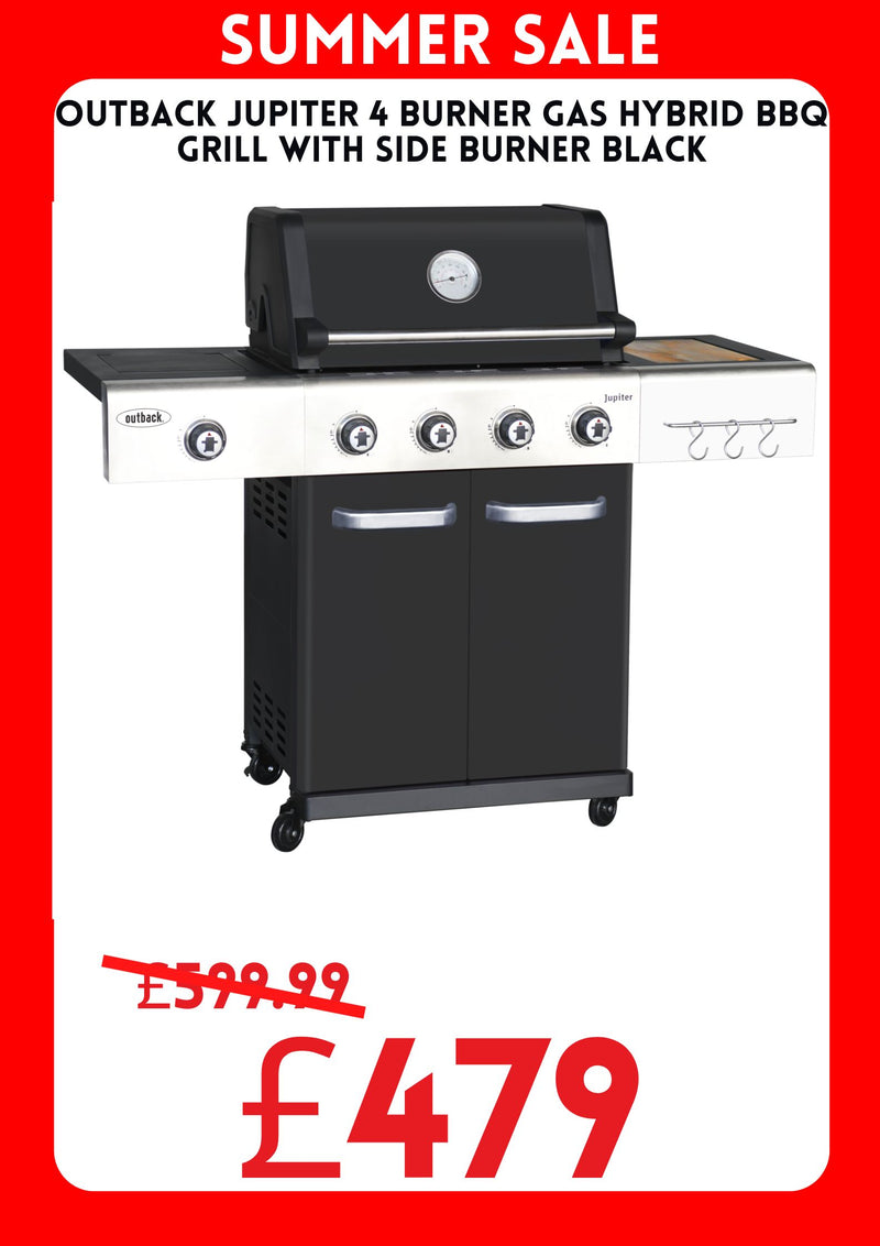 Outback Jupiter 4 Burner Gas Hybrid BBQ Grill with Side Burner Black