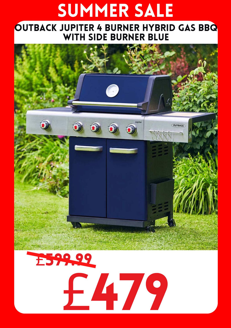 Outback Jupiter 4 Burner Hybrid Gas BBQ With Side Burner Blue