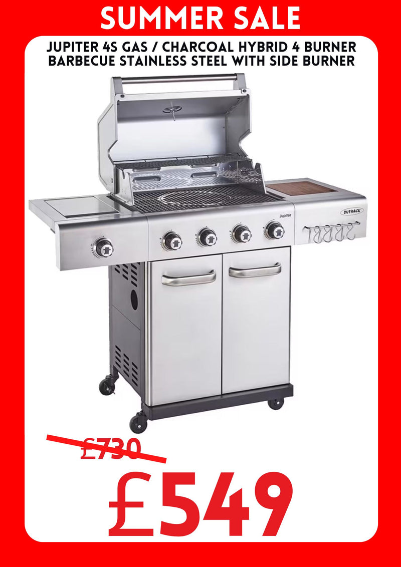 Jupiter 4S Gas / Charcoal Hybrid 4 Burner Barbecue Stainless Steel With Side Burner