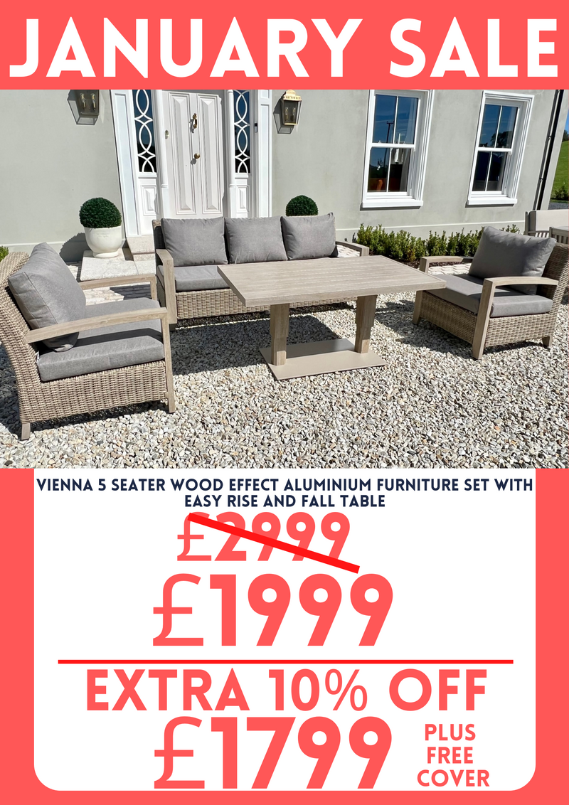 Vienna 5 Seater Wood Effect Aluminium Furniture Set With Easy Rise and Fall Table - pre order now for January 2025 delivery