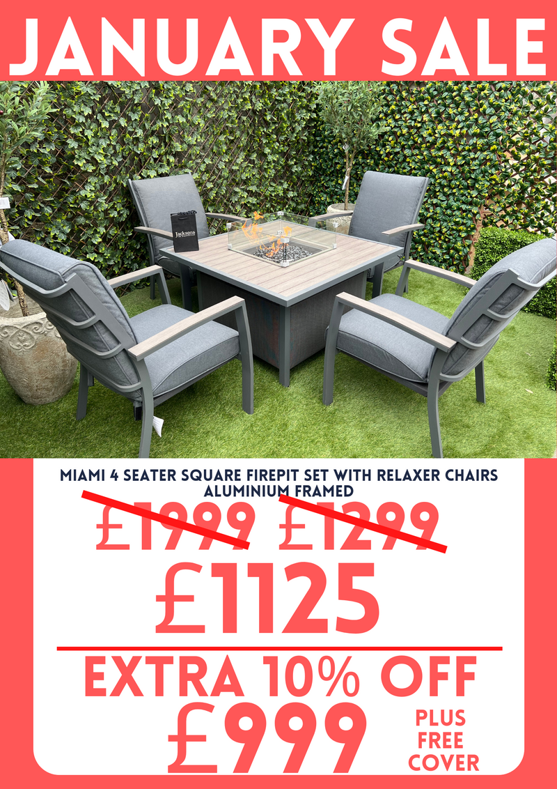 Miami 4 Seater Square Firepit Set With Relaxer Chairs Aluminium Framed