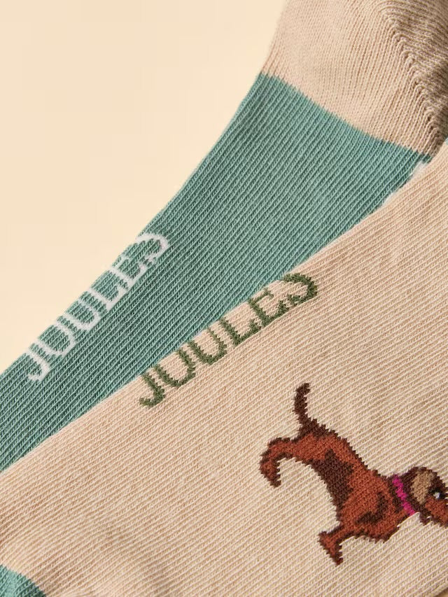 Joules Everyday 2 Pack Socks - Khaki/Cream Dash