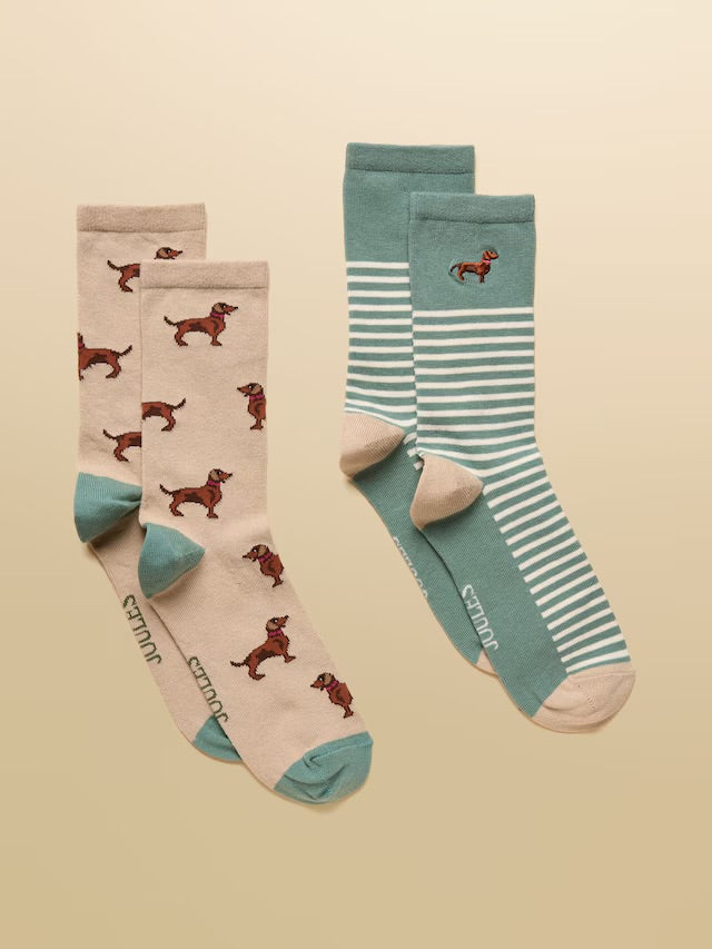 Joules Everyday 2 Pack Socks - Khaki/Cream Dash