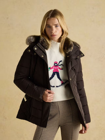 Joules Women’s Aspen Brown Showerproof Padded Coat with Faux Fur Hood