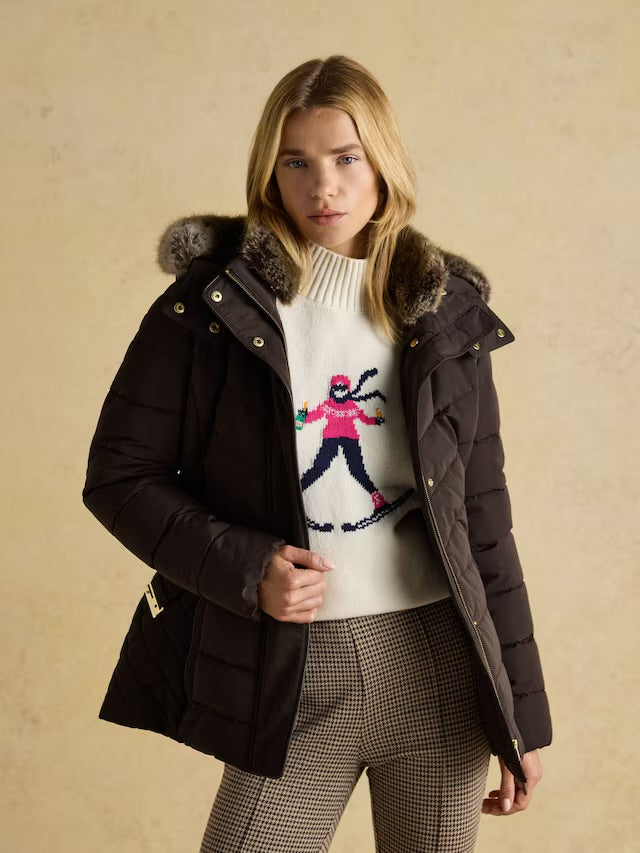 Joules Women’s Aspen Brown Showerproof Padded Coat with Faux Fur Hood
