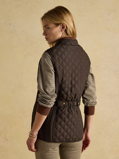 Joules Women’s Minx Brown Showerproof Diamond Quilted Gilet with Adjustable Waist