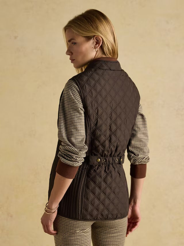 Joules Women’s Minx Brown Showerproof Diamond Quilted Gilet with Adjustable Waist