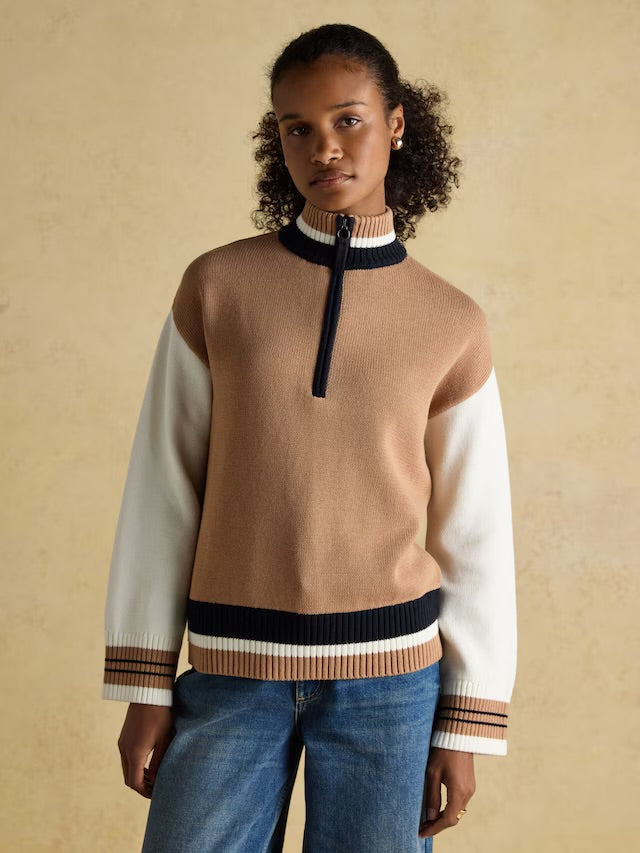 Joules Women’s Varsity Brown/Cream Colourblock Quarter Zip Cotton Jumper