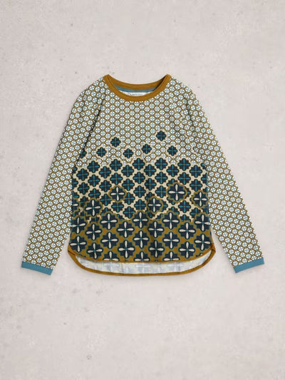 White Stuff Women’s Clara Long Sleeve Crew Neck Tee in Chartreuse Print