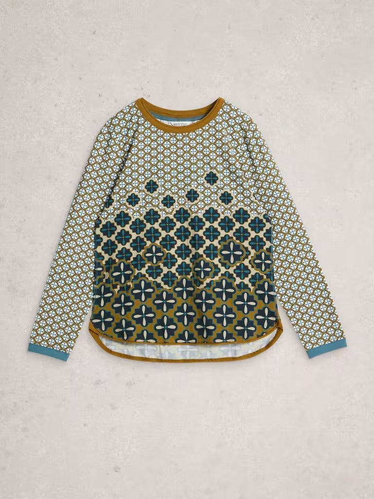 White Stuff Women’s Clara Long Sleeve Crew Neck Tee in Chartreuse Print