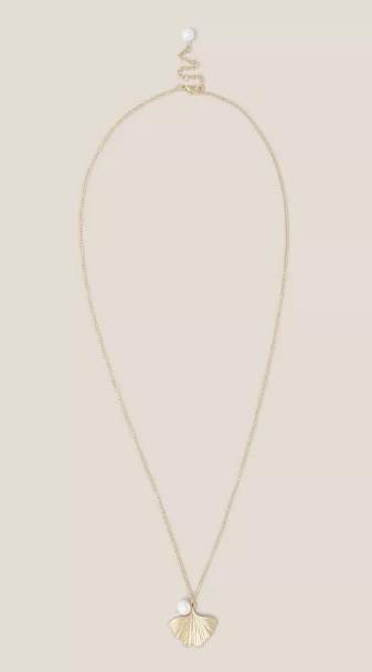 White Stuff Fan Pearl Pendant Necklace Gold Tone Metallic