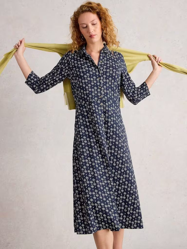 White Stuff Women’s Rua Jersery Collared Shirt Dress in Navy Print