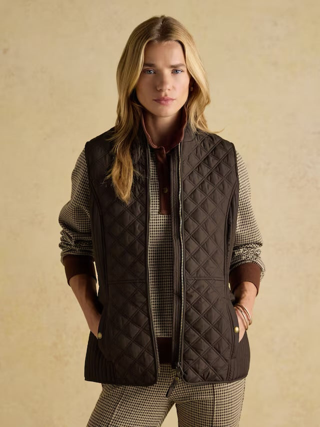 Joules Women’s Minx Brown Showerproof Diamond Quilted Gilet with Adjustable Waist