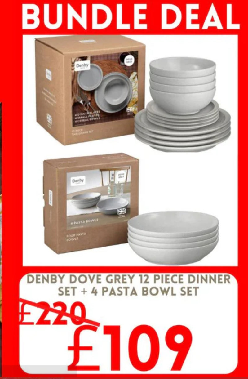 Bundle Deal Denby Dove Grey 12 Piece Tableware Set & 4 Piece Pasta Bowl Set