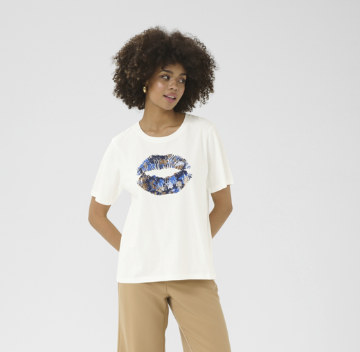 Culture Ladies T Shirt CUGab Amora in Spring Gardenia Blue Floral Foil Lips, Gab Tee