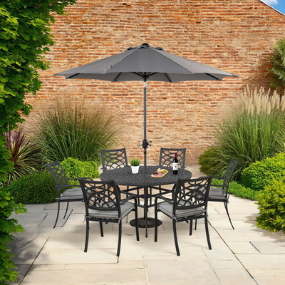 Hartman Tuscany 6 Seater Cast Aluminium Dining Garden Furniture Set With 2.5m Parasol & Base