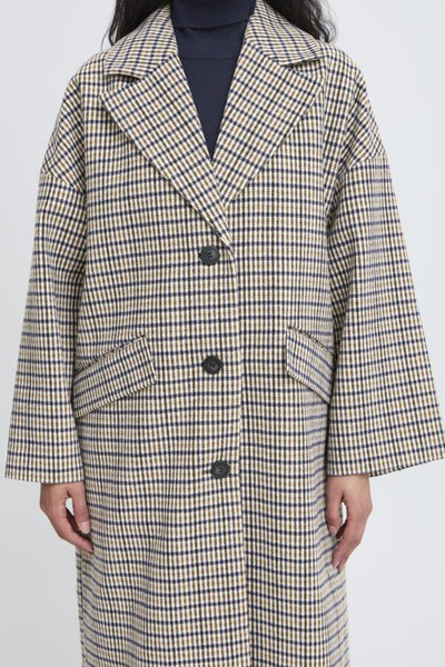Ichi Women’s Ihemmalu Long Coat in Dark Navy Multi Check