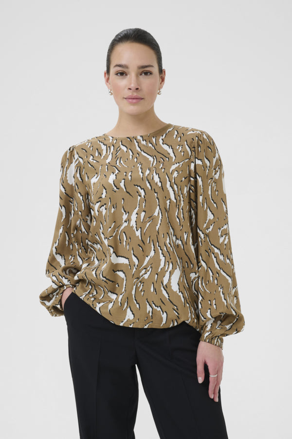 Kaffe Women’s KAmillie Blouse in Toasted Coconut Graphic Animal