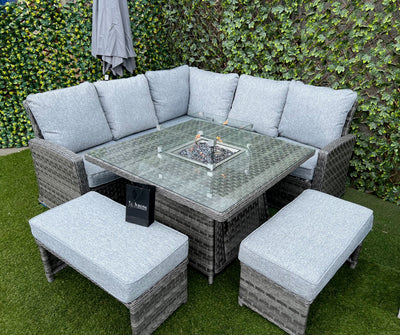 Santorini Corner Sofa Set Dark Grey Gas Fire Pit Set