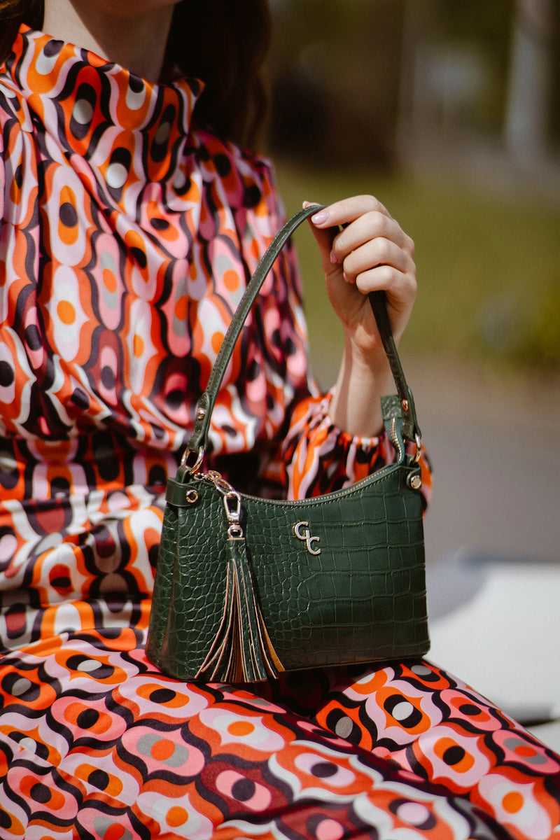 Galway Crystal Fashion Mini Shoulder Bag Forest Green Croc Detail- GTX105