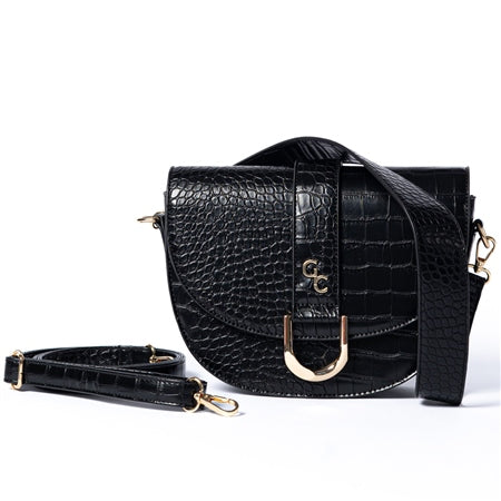 Galway Crystal Fashion Saddle Bag Black Croc Detail