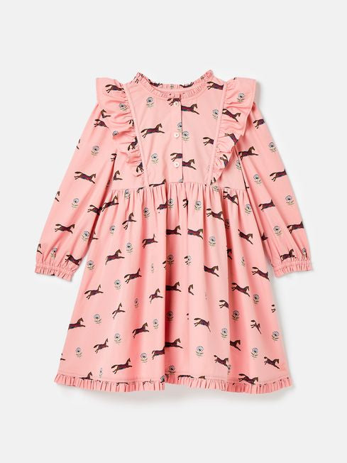 Joules Girls Florence Pink Horse Print Long Sleeve Frilled Dress
