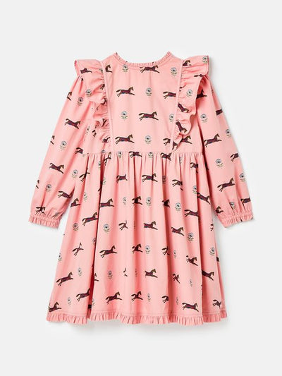 Joules Girls Florence Pink Horse Print Long Sleeve Frilled Dress