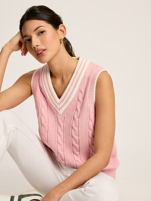 Joules Women’s Deuce Pink Cable Knitted V-Neck Vest