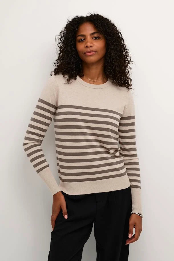 Kaffe Women’s KAlizza Striped Knit Pullover in Feather Gray/ Brown Stripe