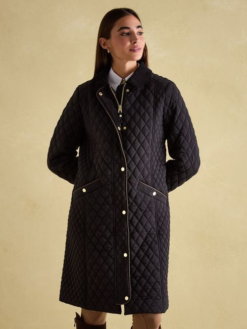 Joules Women’s Rosewell Black Showerproof Longline Diamond Quilted Coat