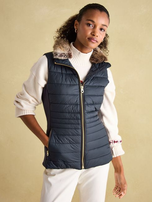 Joules Women’s Beckley Navy Padded Showerproof Gilet With Detachable Faux Fur Collar