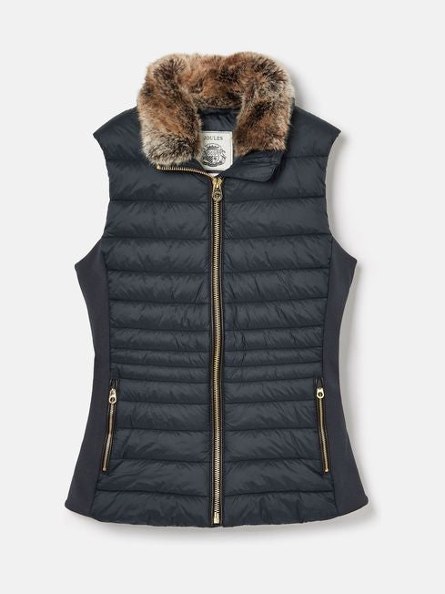 Joules Women’s Beckley Navy Padded Showerproof Gilet With Detachable Faux Fur Collar