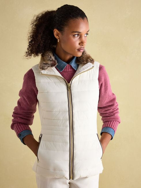 Joules Women’s Beckley White Padded Showerproof Gilet With Detachable Faux Fur Collar