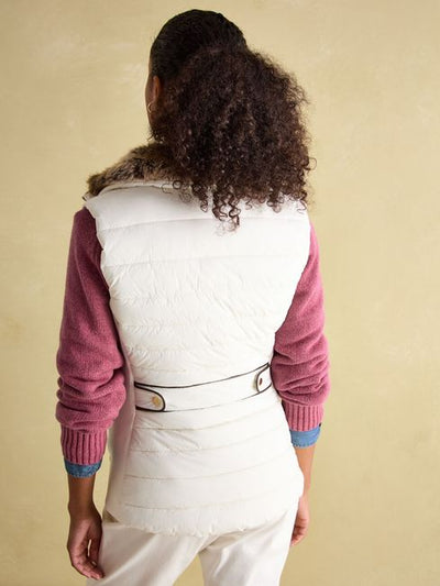 Joules Women’s Beckley White Padded Showerproof Gilet With Detachable Faux Fur Collar